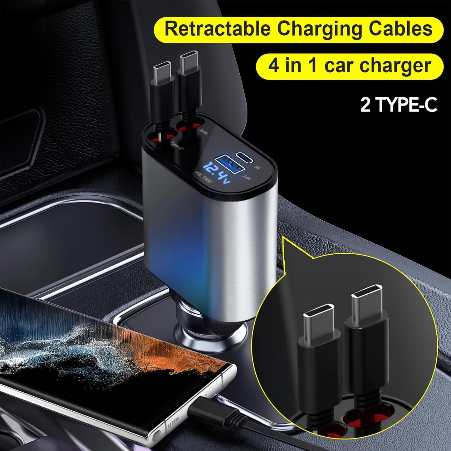 4 in 1 Fast Car Phone Charger 66W, Retractable Cables and USB Car Charger