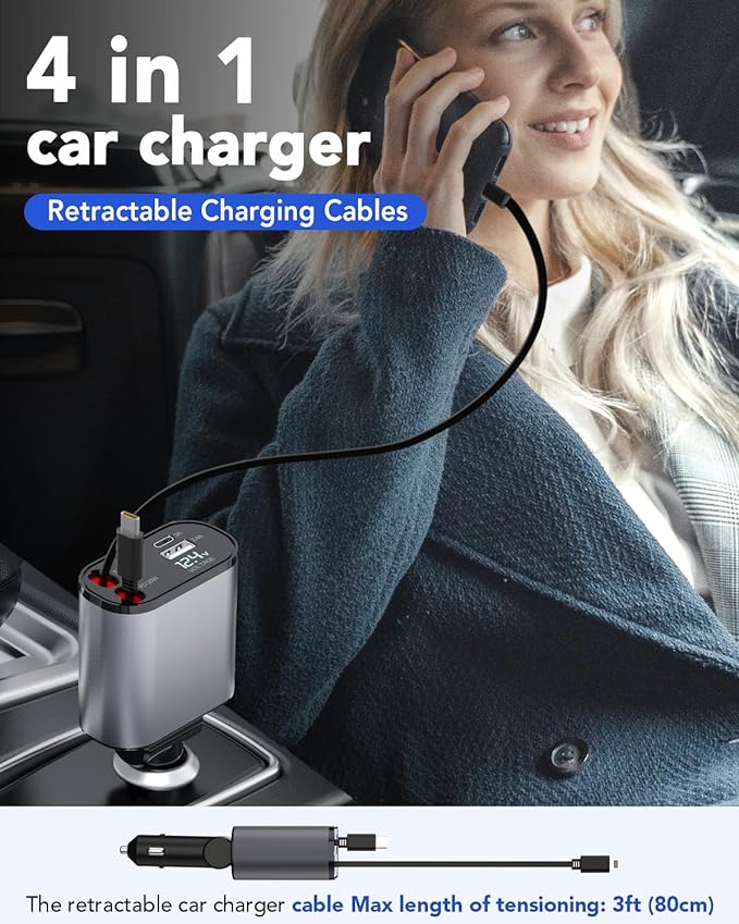 4 in 1 Fast Car Phone Charger 66W, Retractable Cables and USB Car Charger