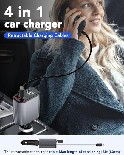 4 in 1 Fast Car Phone Charger 66W, Retractable Cables and USB Car Charger