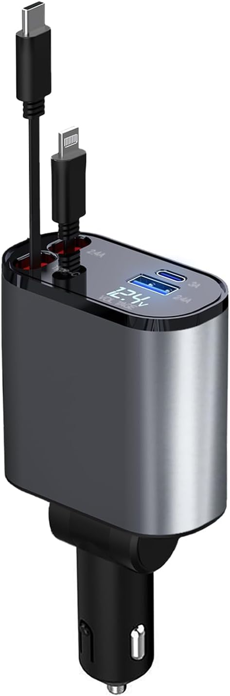 4 in 1 Fast Car Phone Charger 66W, Retractable Cables and USB Car Charger