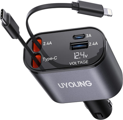 4 in 1 Fast Car Phone Charger 66W, Retractable Cables and USB Car Charger