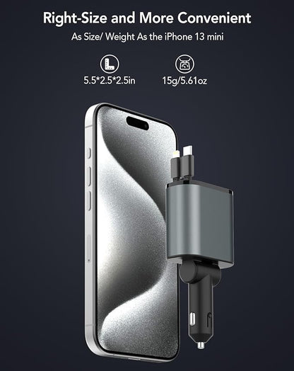 4 in 1 Fast Car Phone Charger 66W, Retractable Cables and USB Car Charger