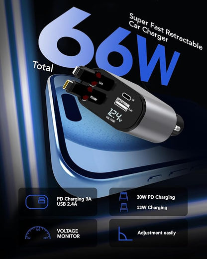 4 in 1 Fast Car Phone Charger 66W, Retractable Cables and USB Car Charger