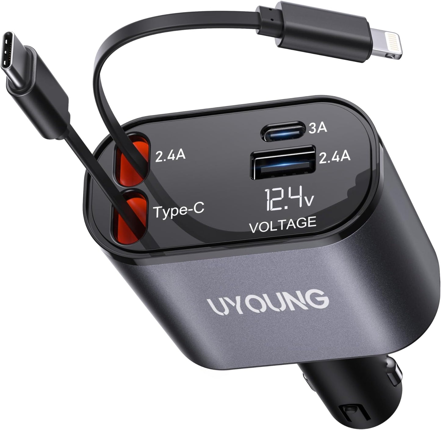 4 in 1 Fast Car Phone Charger 66W, Retractable Cables and USB Car Charger