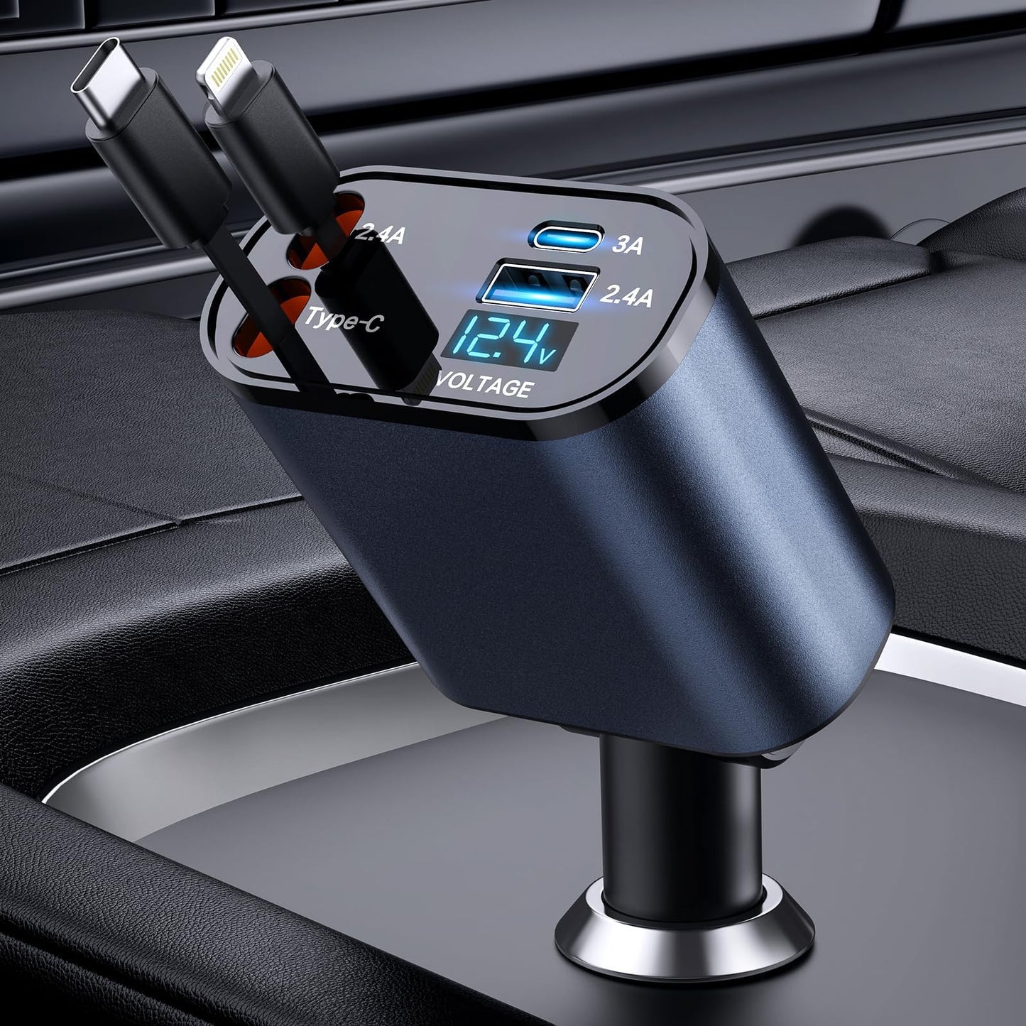 4 in 1 Fast Car Phone Charger 66W, Retractable Cables and USB Car Charger