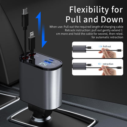 4 in 1 Fast Car Phone Charger 66W, Retractable Cables and USB Car Charger