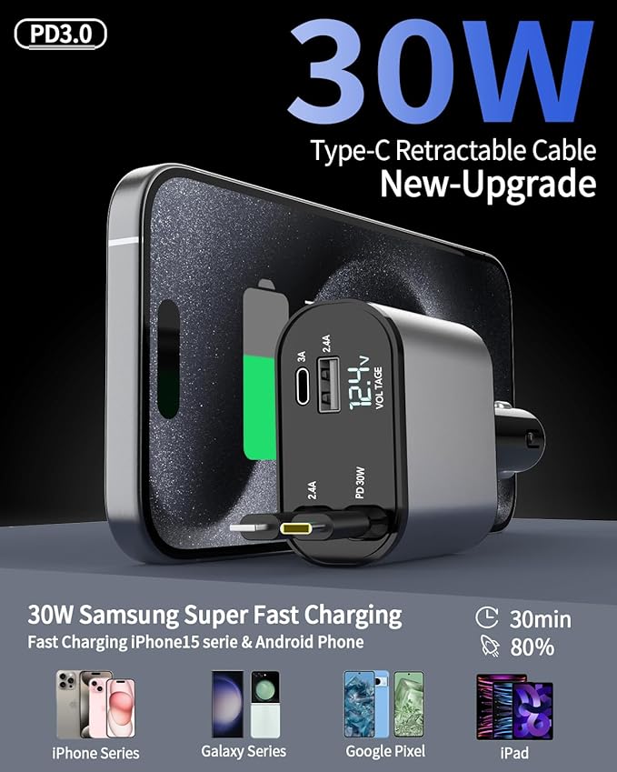 4 in 1 Fast Car Phone Charger 66W, Retractable Cables and USB Car Charger